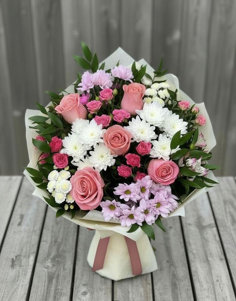Букет цветов из: Альстромерии, Гвоздики, Розы и Хризантемы в Сапогово
