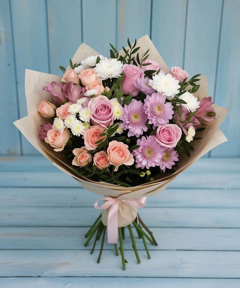 Букет цветов из: Хризантемы, Розы и Альстромерии в Сапогово