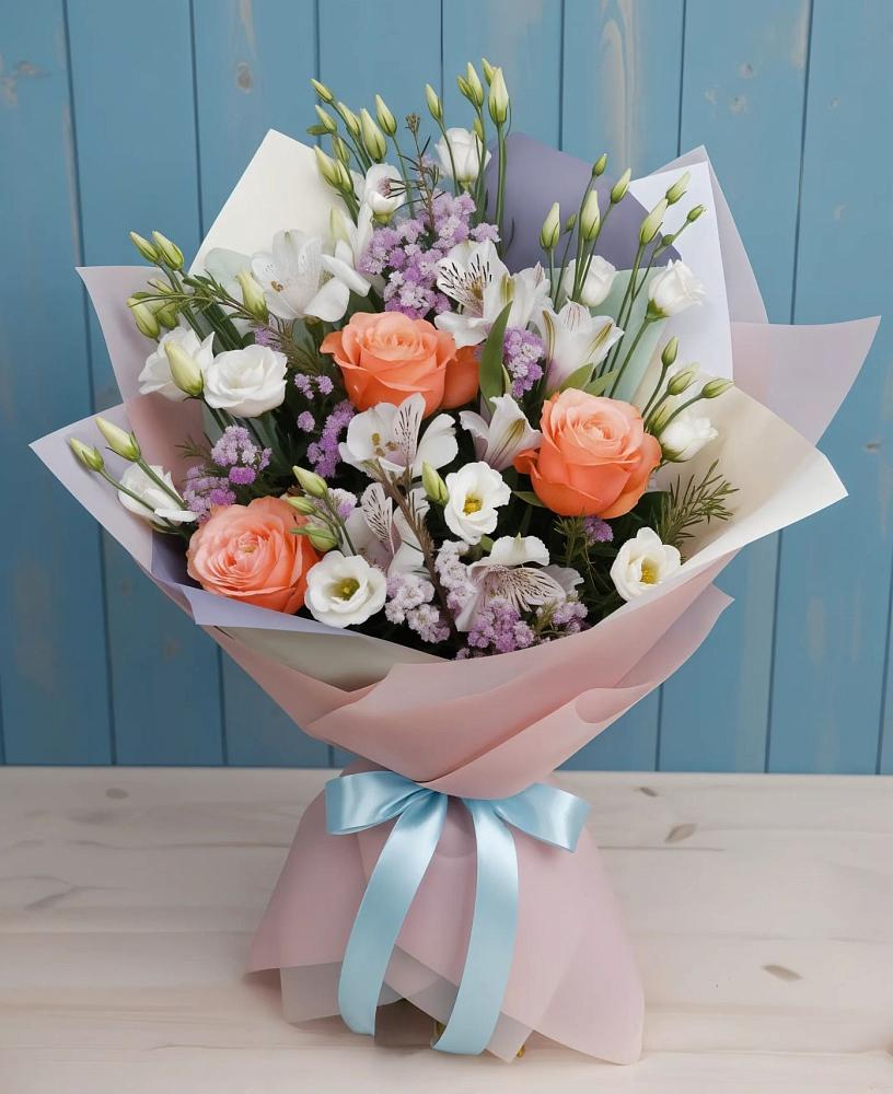 Букет цветов из: Лизиантусы, Розы, Альстромерии и Гипсофила в Сапогово