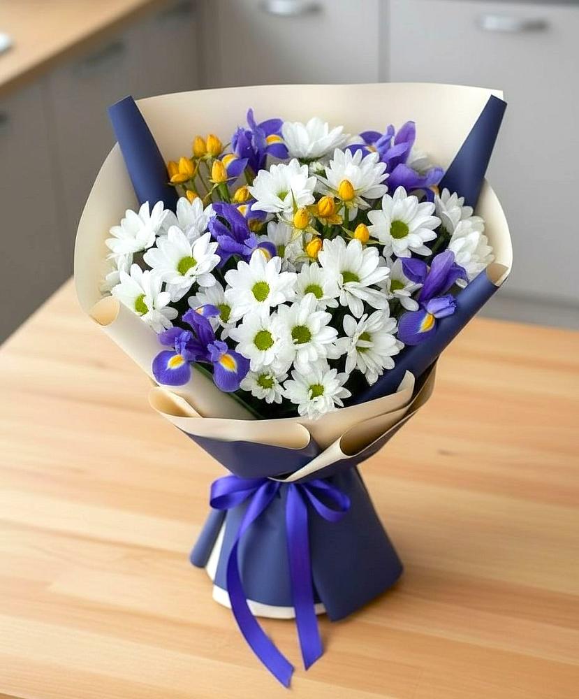 Букет цветов из: Розы, Ирисы и Хризантемы в Сапогово